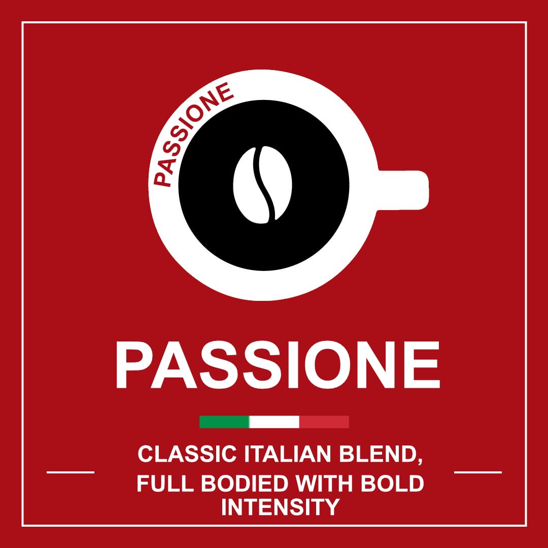 ITALIAN COFFEE FOR ESPRESSO LOVERS pack next to common items showing scale and 100‑pod quantity