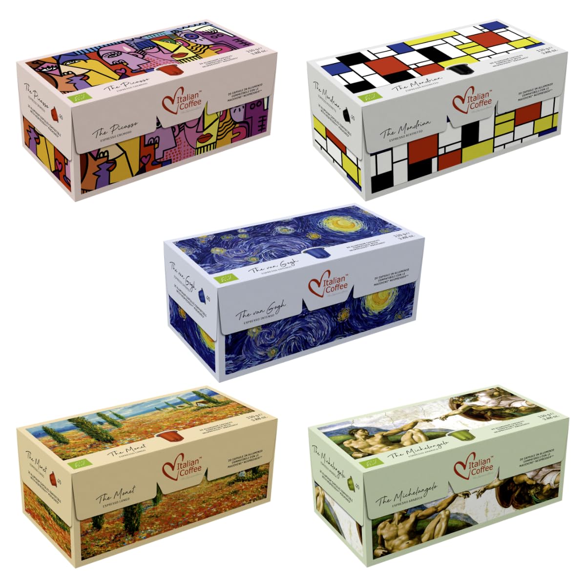 Italian Coffee For Espresso Lovers front packaging showing sampler variety and benefits