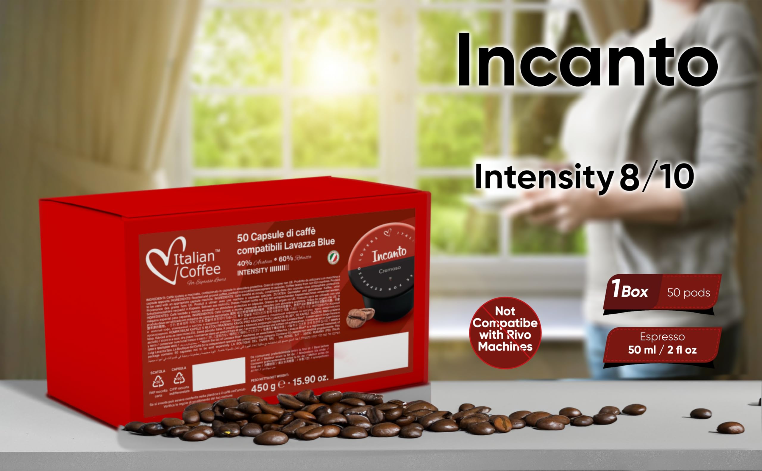 ITALIAN COFFEE FOR ESPRESSO LOVERS pod placed in Lavazza Blue machine demonstrating compatibility