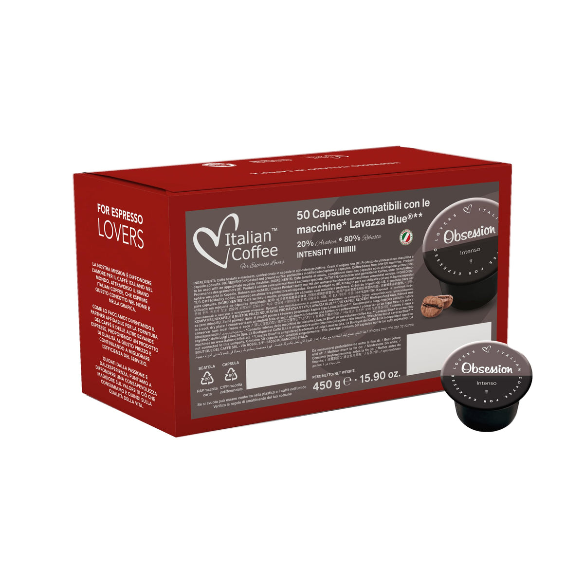ITALIAN COFFEE FOR ESPRESSO LOVERS front pack showing 50 capsules and branding benefit