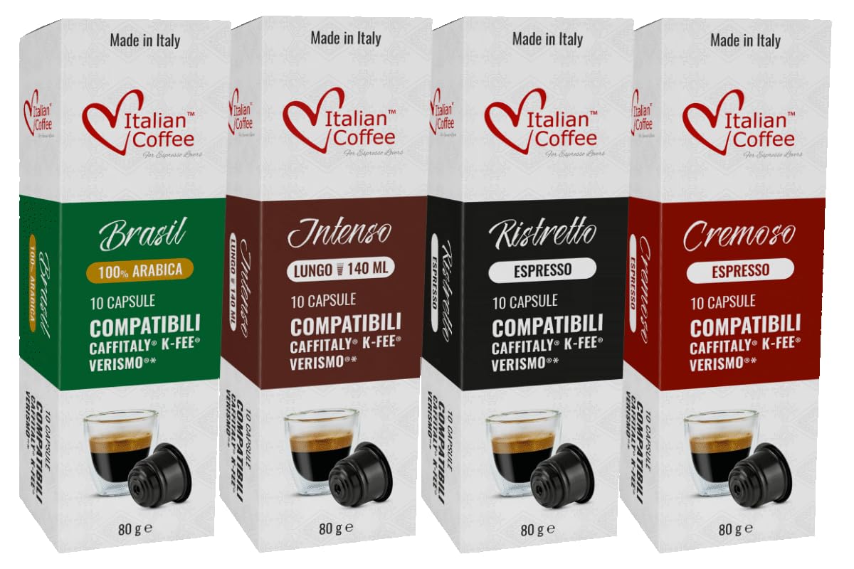 Italian Coffee For Espresso Lovers front packaging showing 40 capsules, clear variety benefits