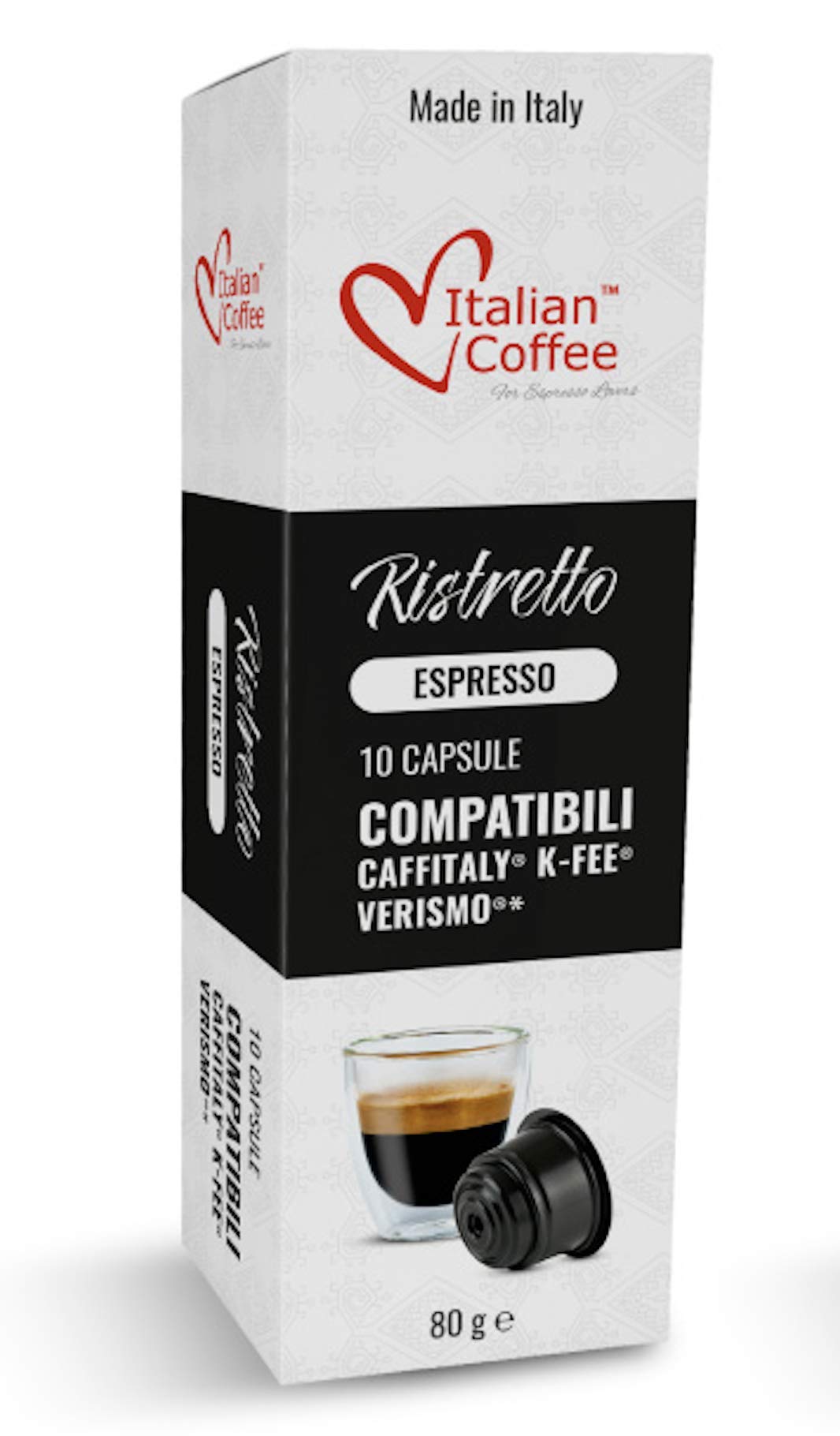 Italian Coffee For Espresso Lovers front packaging showing 80 ristretto pods and brand