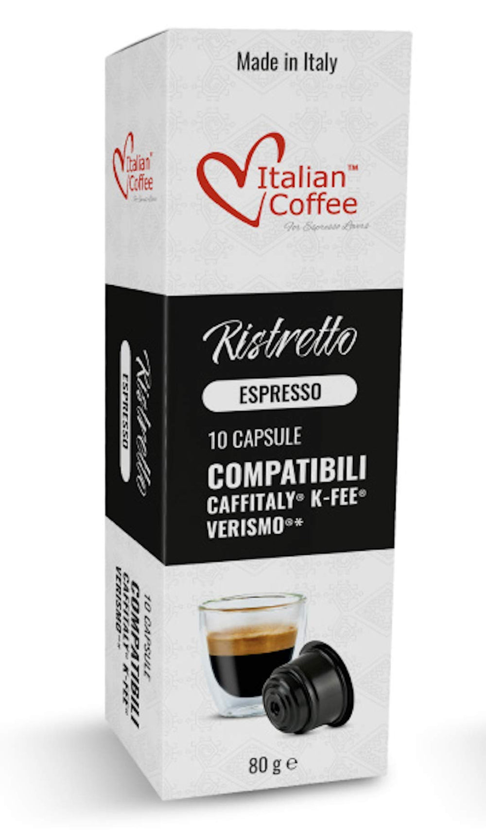 Italian Coffee For Espresso Lovers front packaging showing 80 ristretto pods and brand