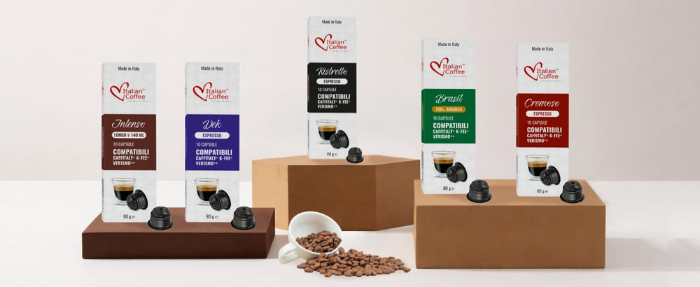 Italian Coffee For Espresso Lovers lifestyle kitchen scene with espresso and pod box for daily ritual
