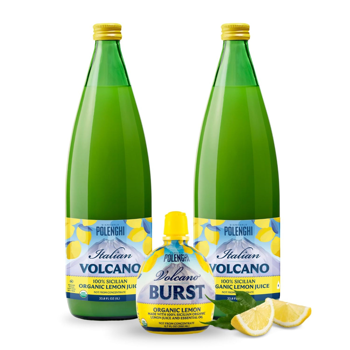 Italian Volcano front packaging showing two glass bottles and convenience benefit