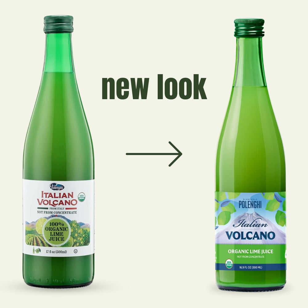 Italian Volcano glass bottle detail emphasizing brand and preservative-free freshness