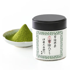 ITOHKYUEMON tin front view showing Ujimidori matcha and premium packaging benefit