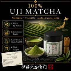 ITOHKYUEMON matcha latte in glass with foam showing creamy latte preparation
