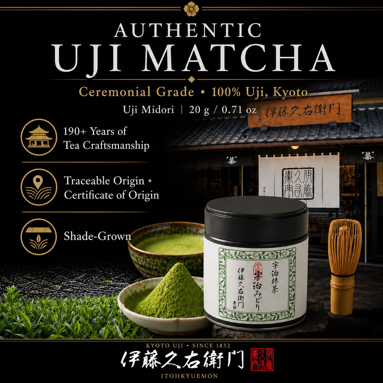 ITOHKYUEMON open tin with finely milled matcha powder highlighting smooth texture
