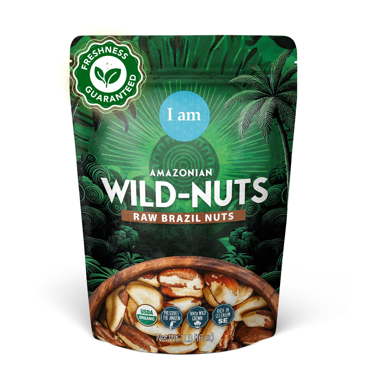 It's Good Energy front pouch showing 1 lb organic Brazil nuts and sustainable branding benefit