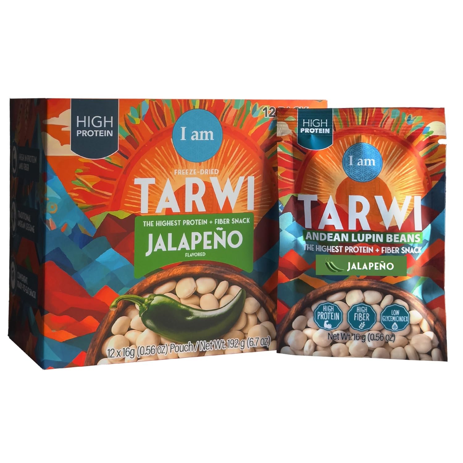It's Good Energy front pouch showing tarwi jalapeño snack and brand benefits