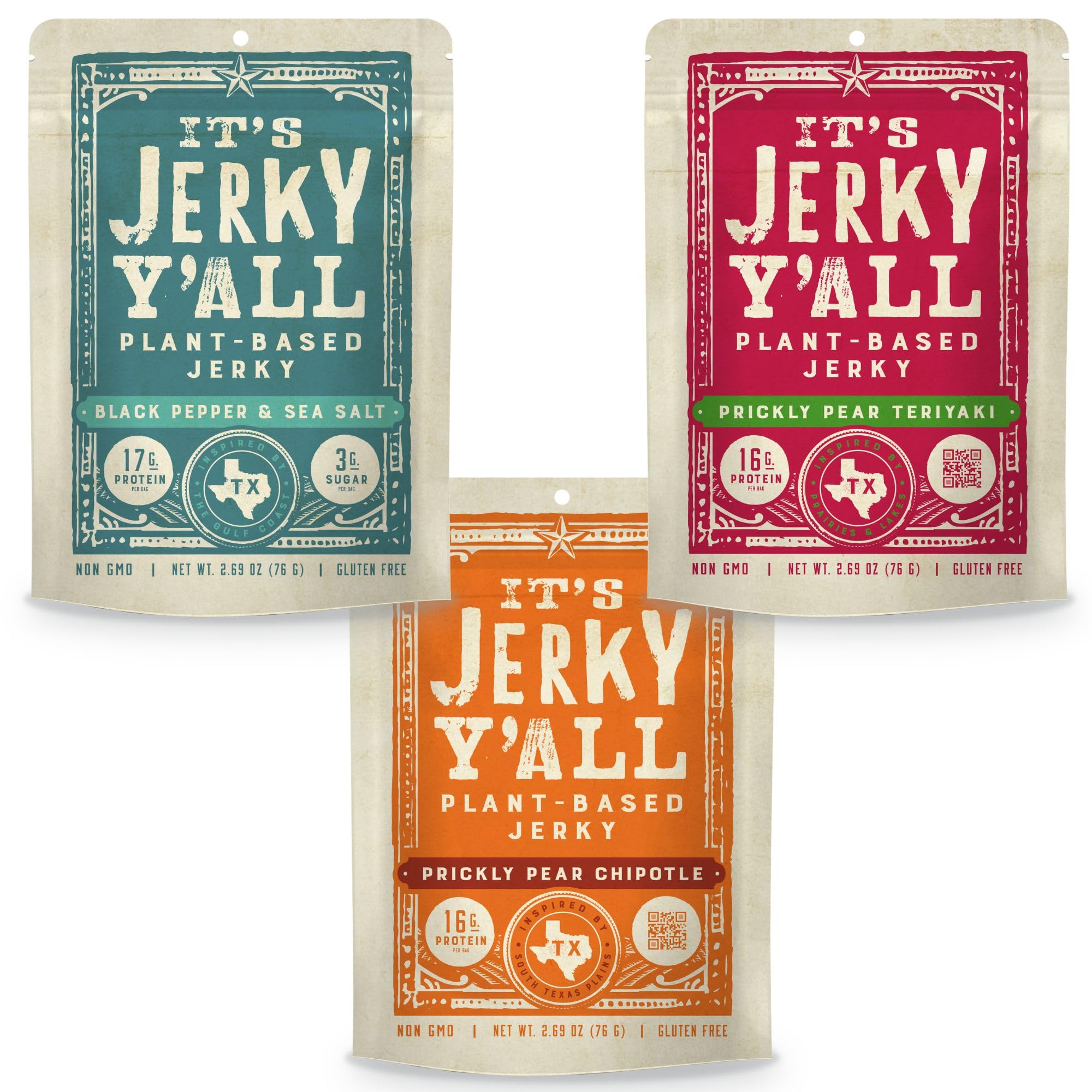 It’s Jerky Y’all front packaging showing three-flavor variety pack and bold branding benefits