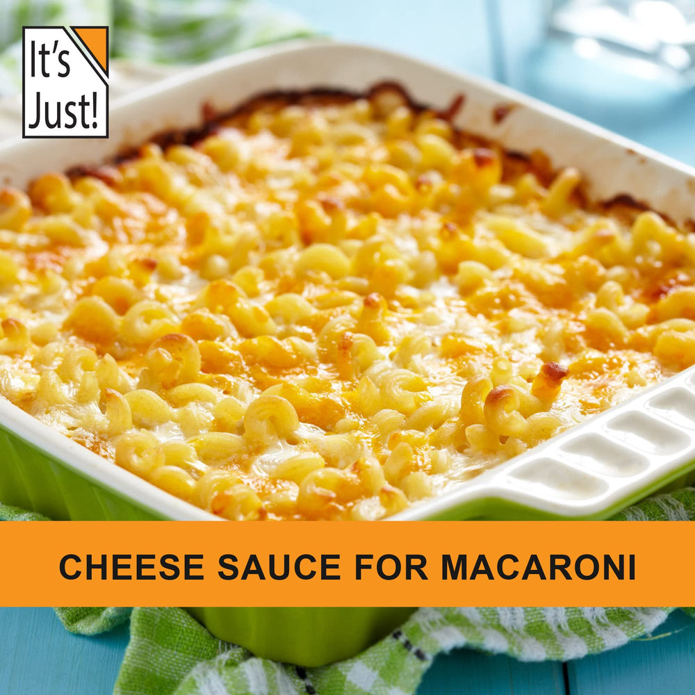 It's Just! cheese sauce pouring from saucepan made from powder, demonstrating creamy result