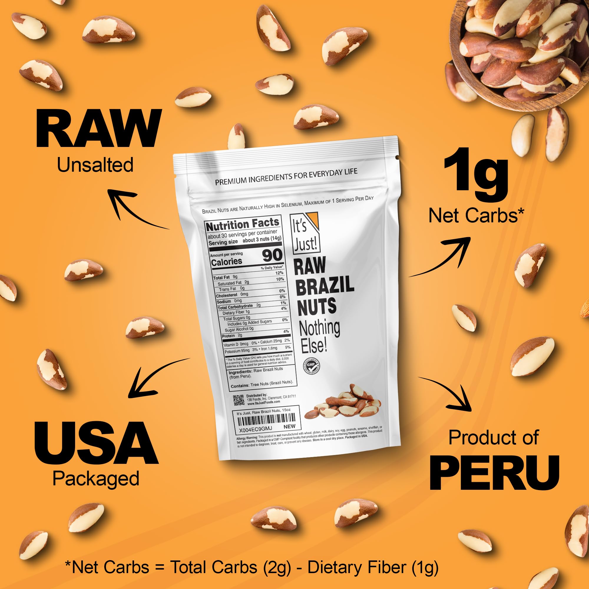 It's Just! nuts next to a scale showing 32 ounce portion for bulk value