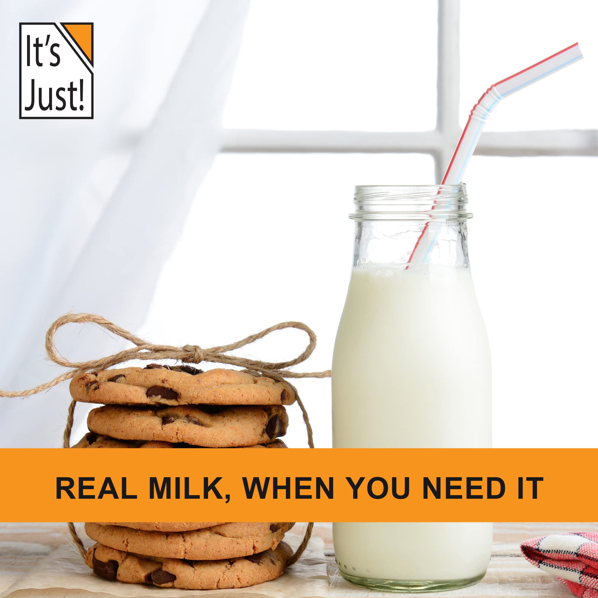 It's Just! reconstituted milk in a glass demonstrating fresh taste benefit