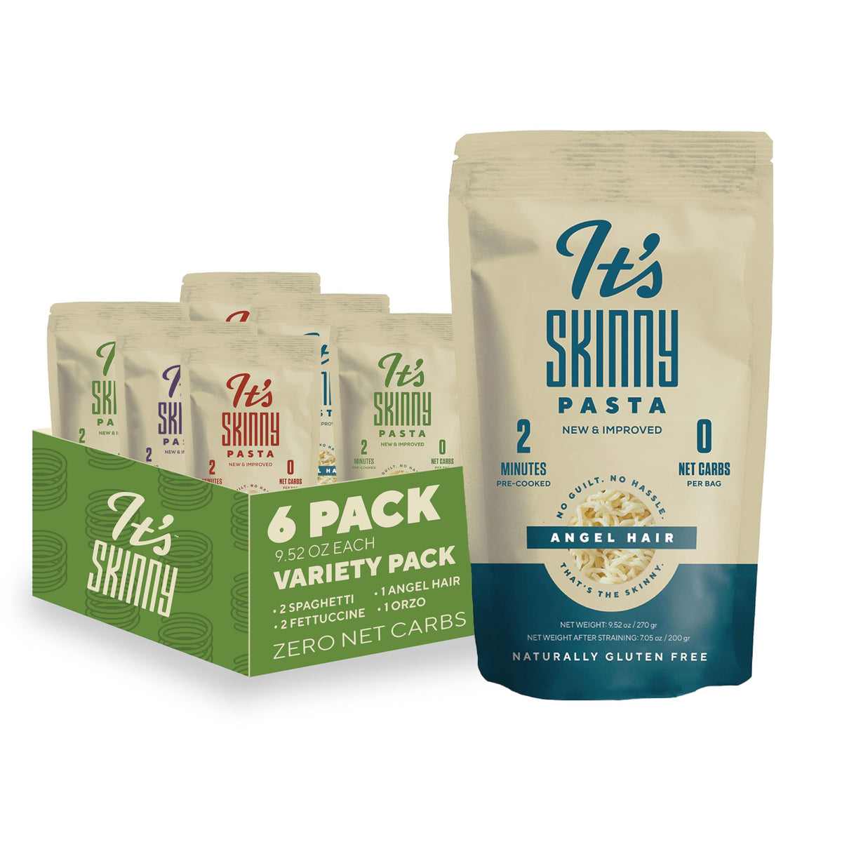 It's Skinny front packaging showing six-pack and low-carb benefit