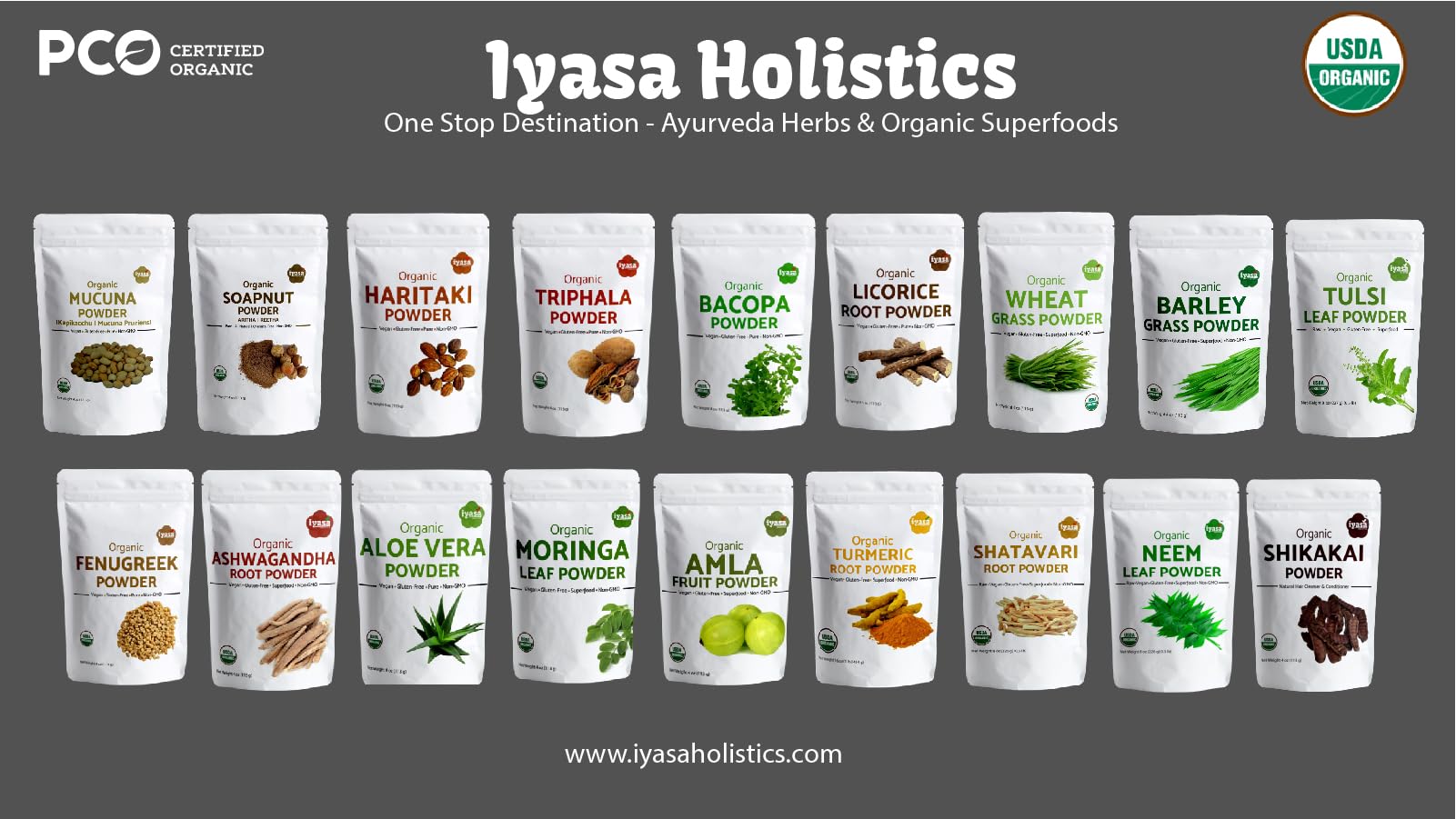 Ingredient label detail on Iyasa Holistics senna packaging showing USDA organic certification