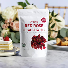 Close-up of Iyasa Holistics rose petal powder granules for even dispersal benefit