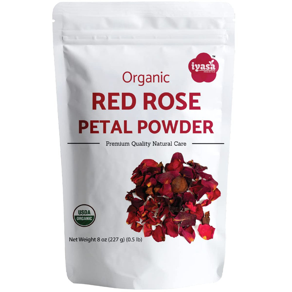 Iyasa Holistics front packaging of 8oz rose petal powder showing brand and size benefit