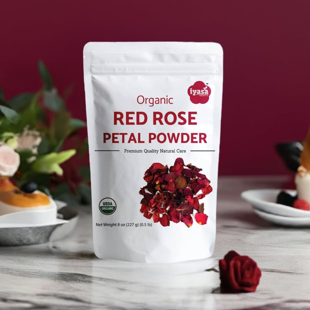 Cup of floral tea brewed with Iyasa Holistics rose powder demonstrating calming aroma