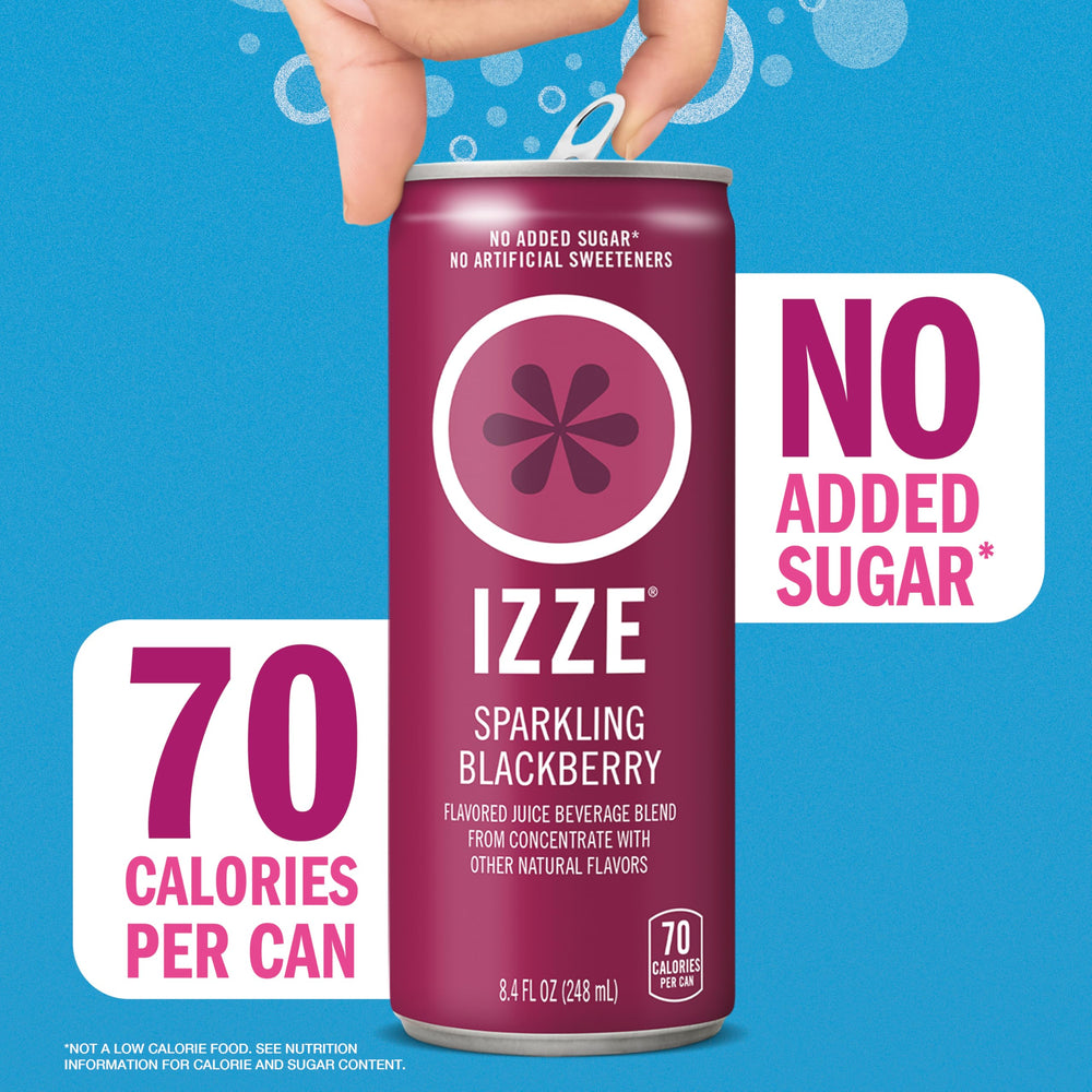 IZZE blackberry can top open with visible carbonation, easy-to-drink convenience