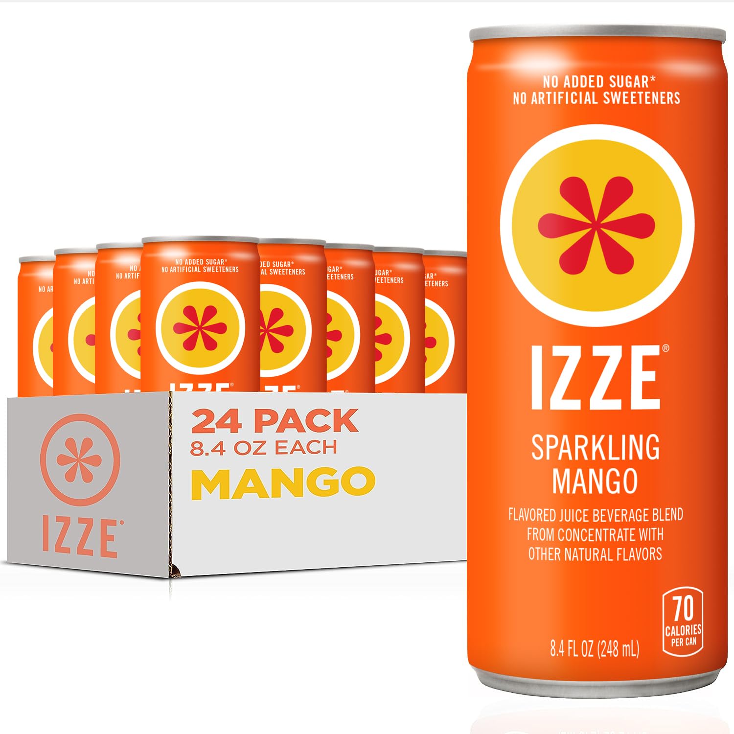 IZZE mango front packaging showing 24 cans and bright branding, great for parties