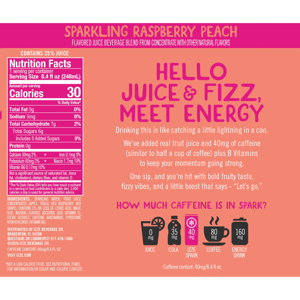 IZZE Spark Raspberry Peach close-up of can texture and label highlighting real juice content