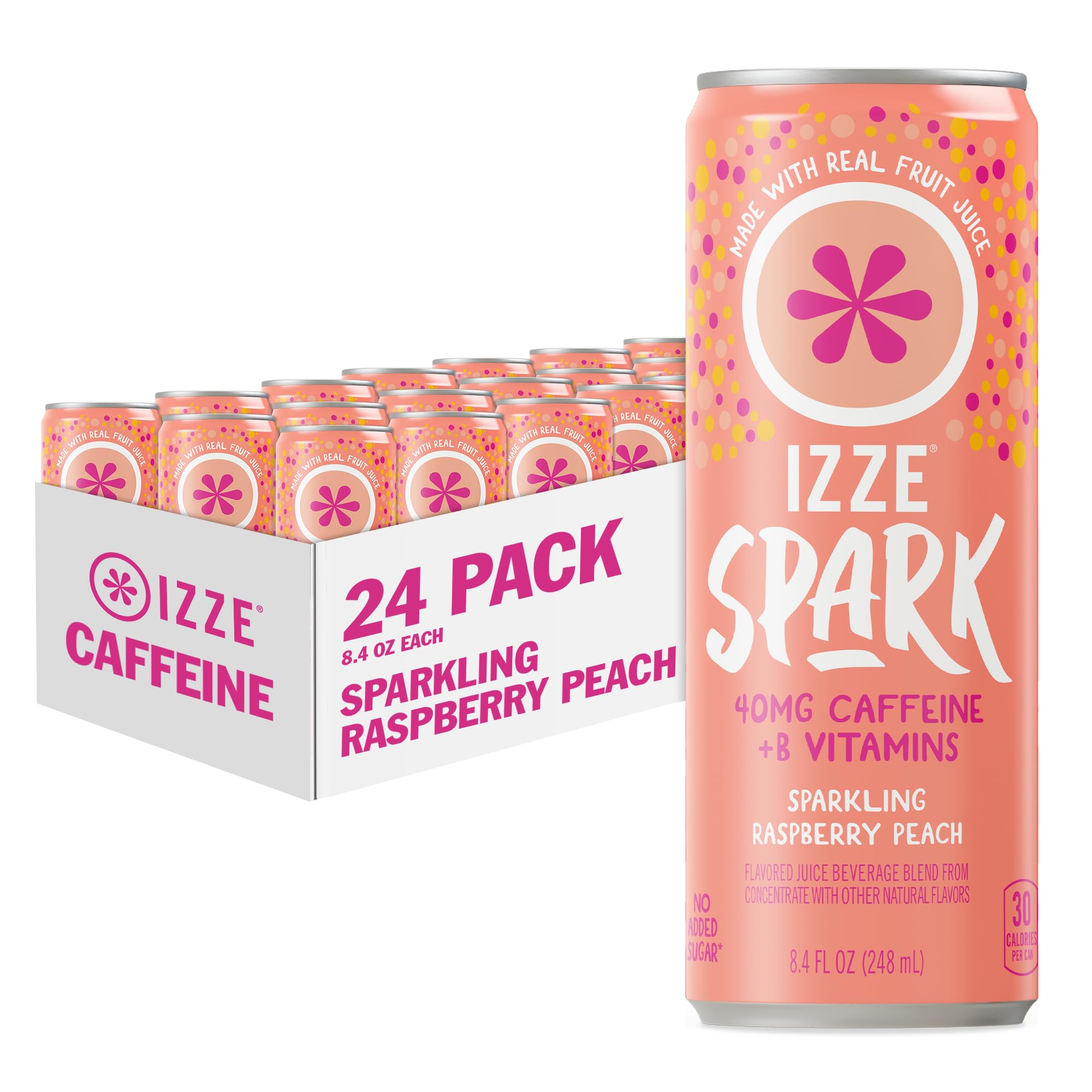 IZZE Spark Raspberry Peach front packaging showing vibrant fruit for quick recognition and appeal