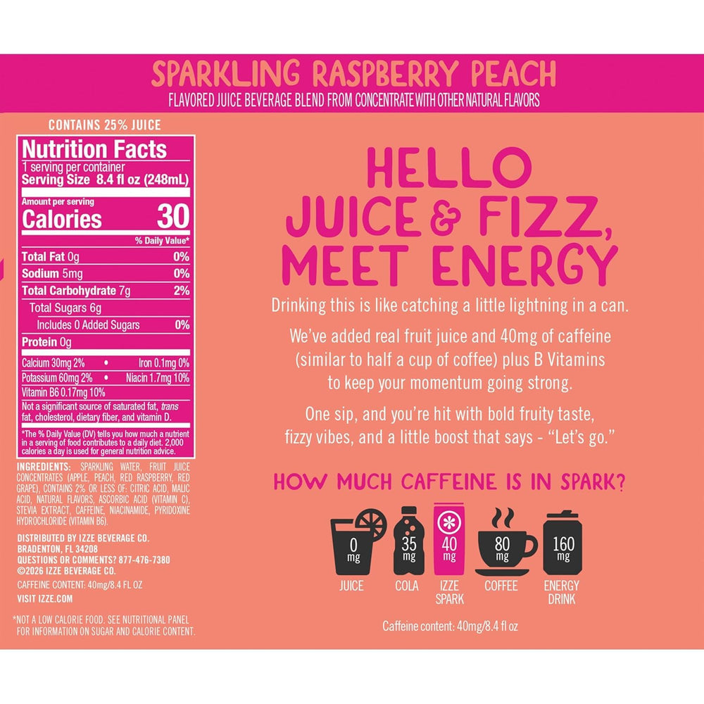 IZZE Spark Raspberry Peach can poured into glass demonstrating refreshing carbonation and sipability