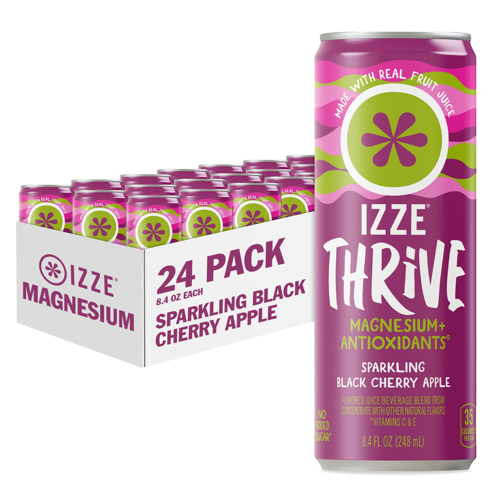 IZZE Thrive front packaging shows black cherry apple cans and branding, bright taste benefit