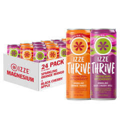 IZZE Thrive front packaging showing 24-pack and flavors, highlights convenience