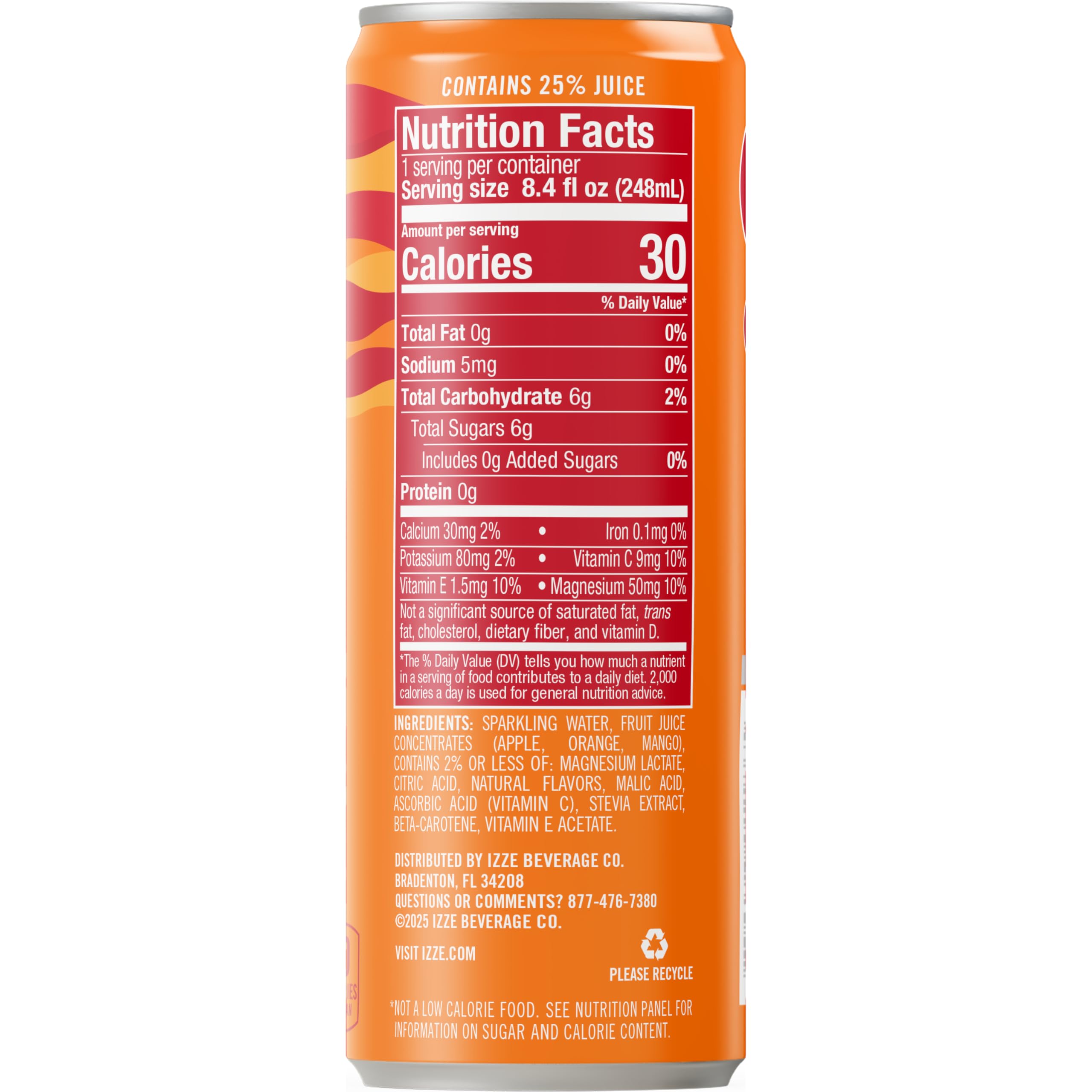 IZZE Thrive can on picnic table showcasing orange mango flavor and refreshment