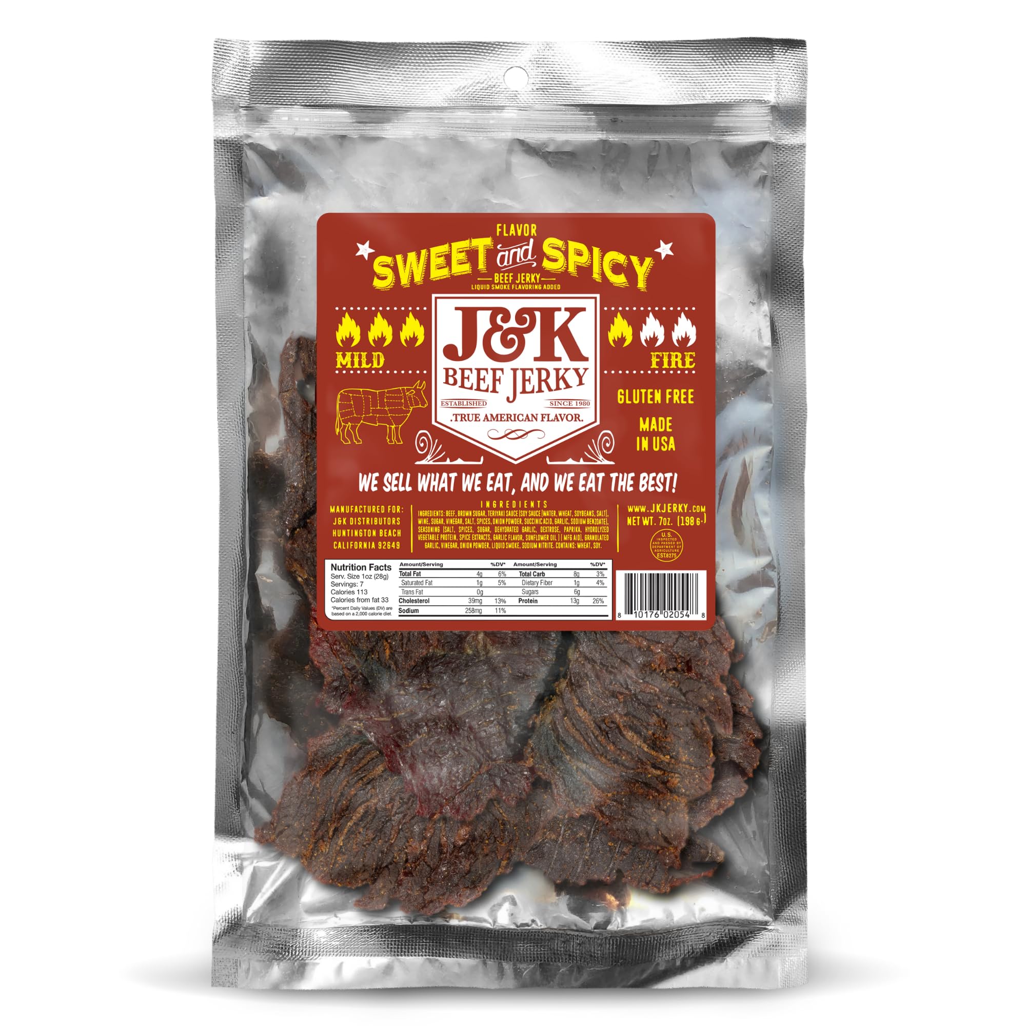 J&K Beef Jerky front packaging showing 7oz bag and bold branding, ideal for gifting
