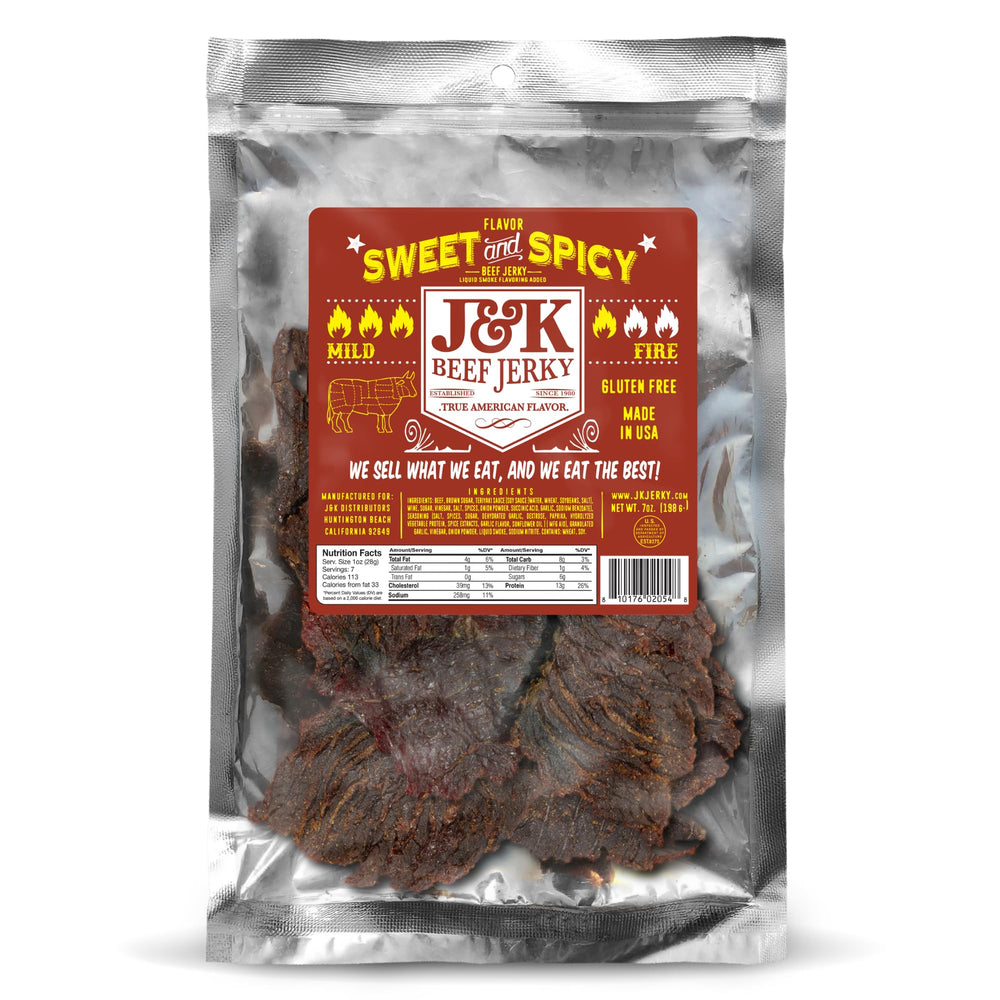 J&K Beef Jerky front packaging showing 7oz bag and bold branding, ideal for gifting