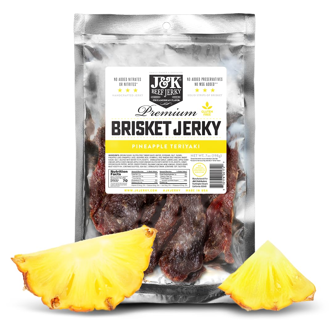 J&K Jerky front packaging showing pineapple teriyaki flavor and resealable bag benefit