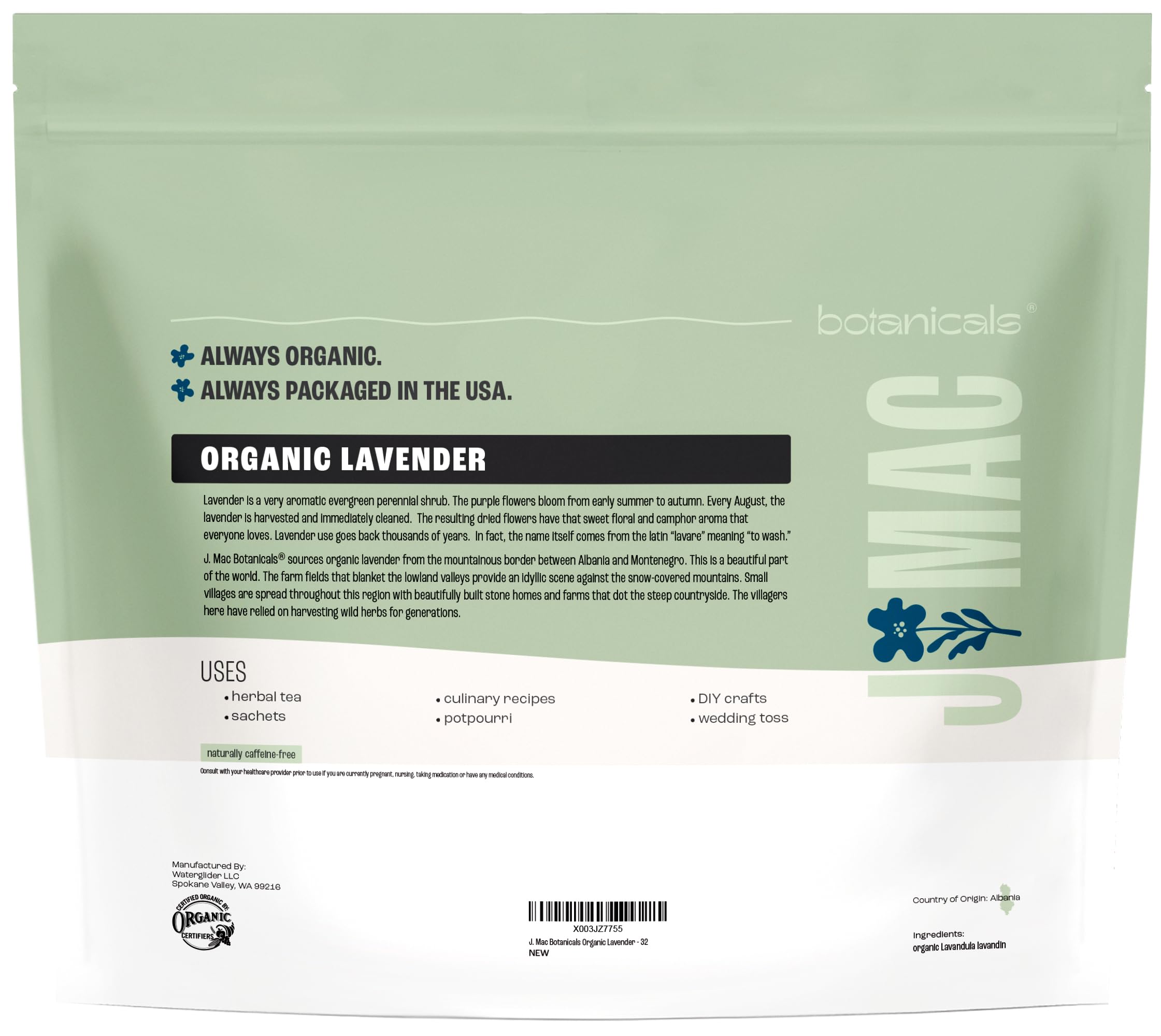 J MAC BOTANICALS organic certification labels and ingredient panel confirming quality