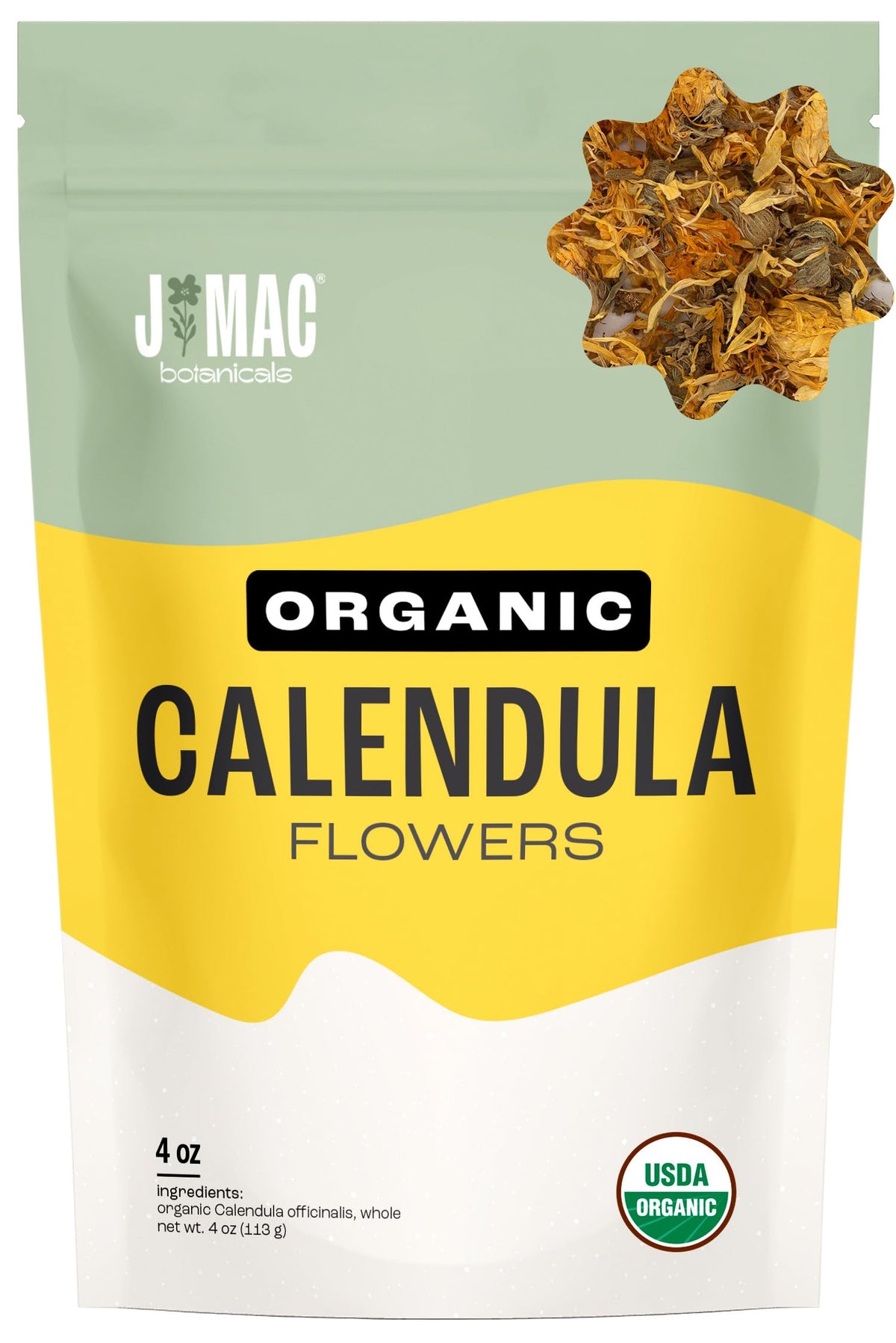 J Mac Botanicals front package showing resealable bag and organic label benefit
