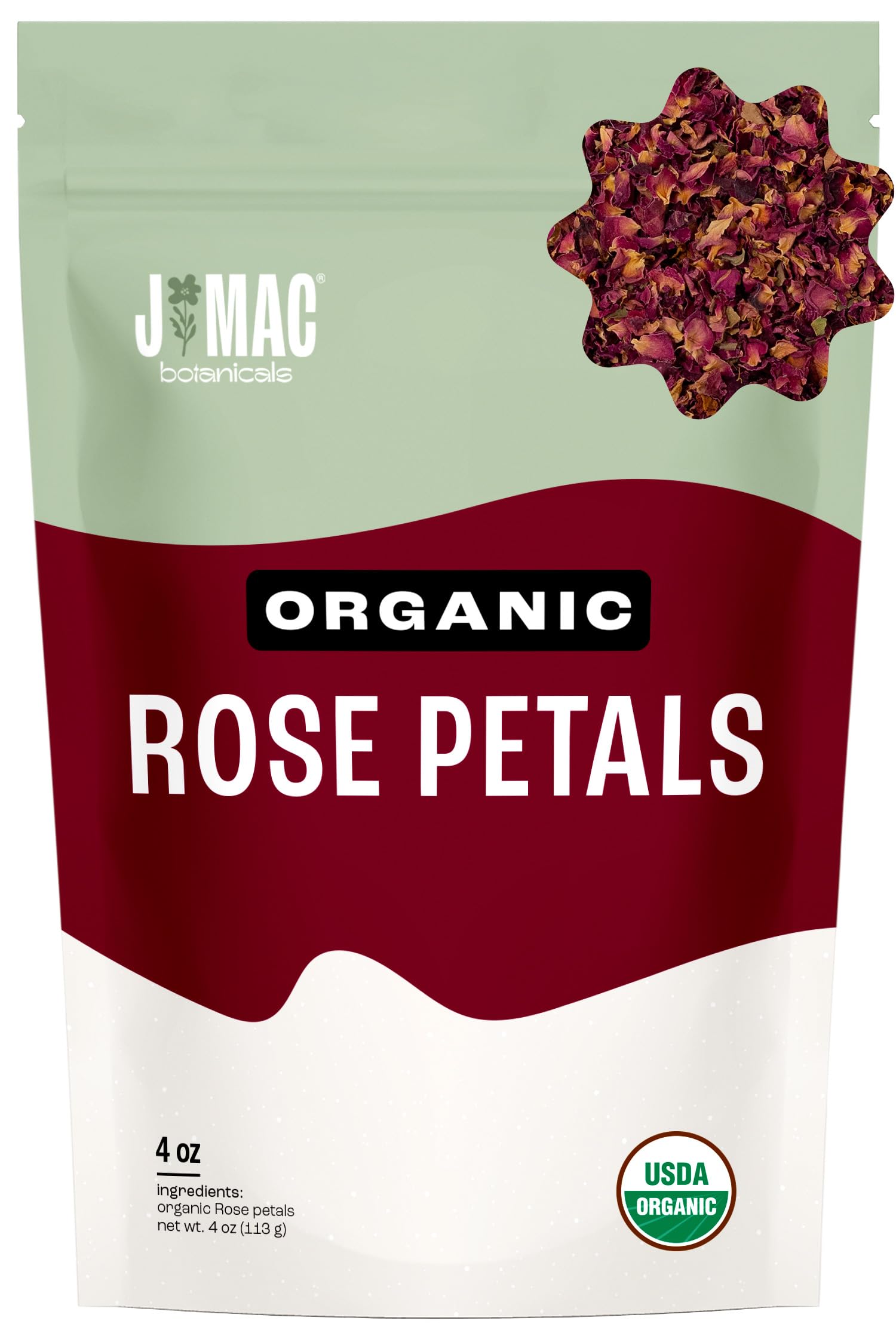J MAC BOTANICALS front packaging showing resealable 4 oz bag and organic label benefit