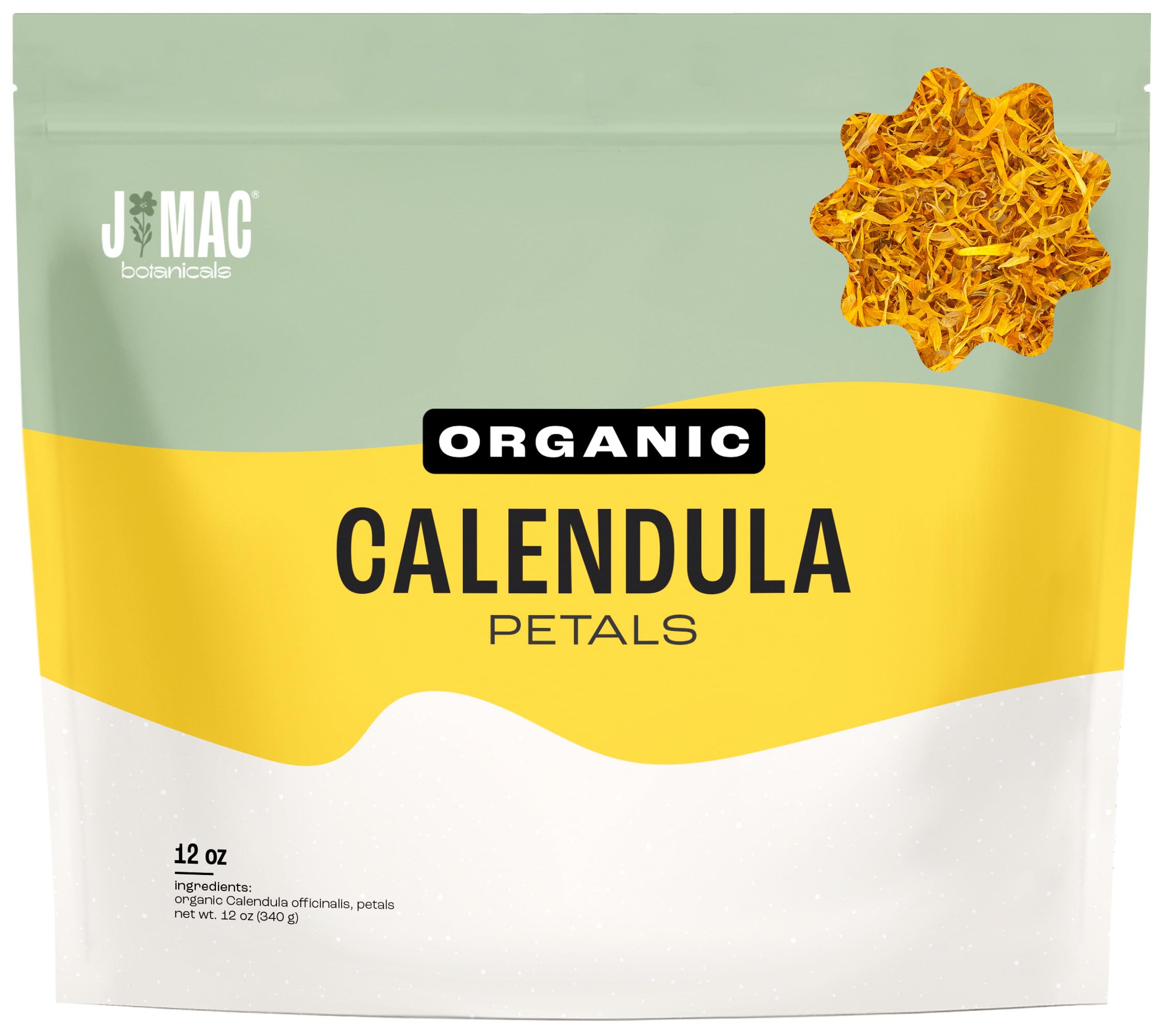 J MAC BOTANICALS front packaging showing resealable 12 oz bag and branding benefit: freshness