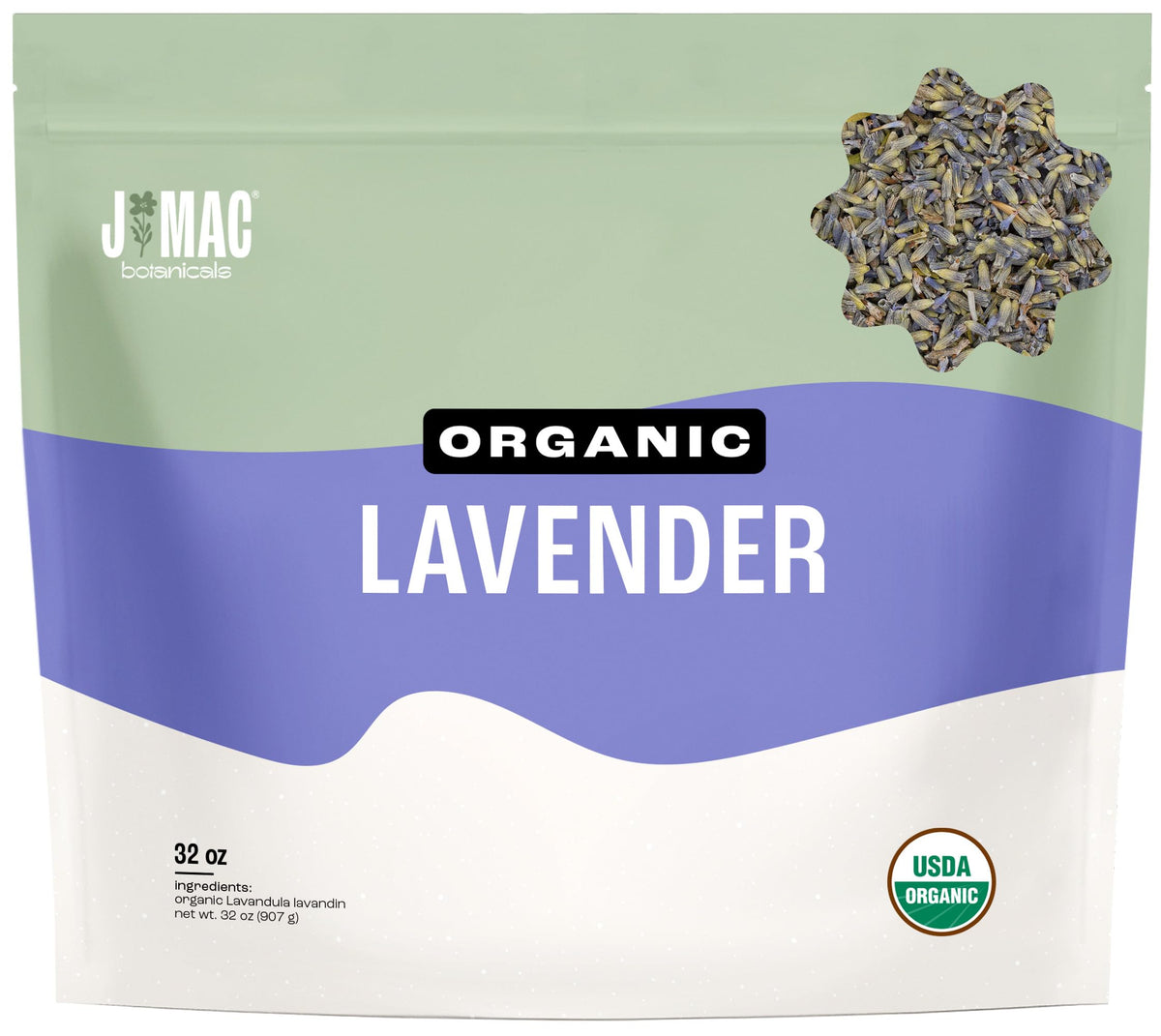 J MAC BOTANICALS front packaging of 32 oz bag showing label and resealable top for freshness