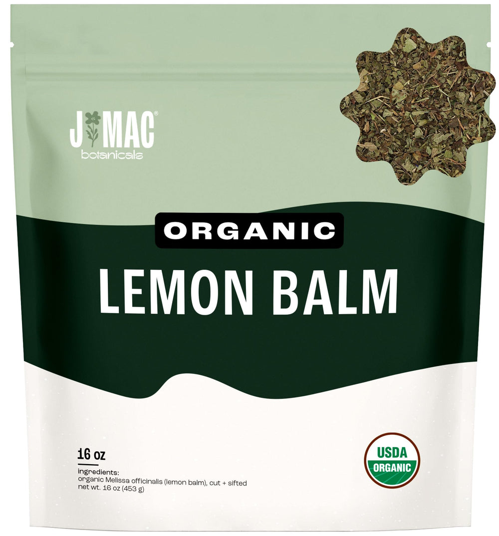 J Mac Botanicals front packaging showing organic lemon balm benefits