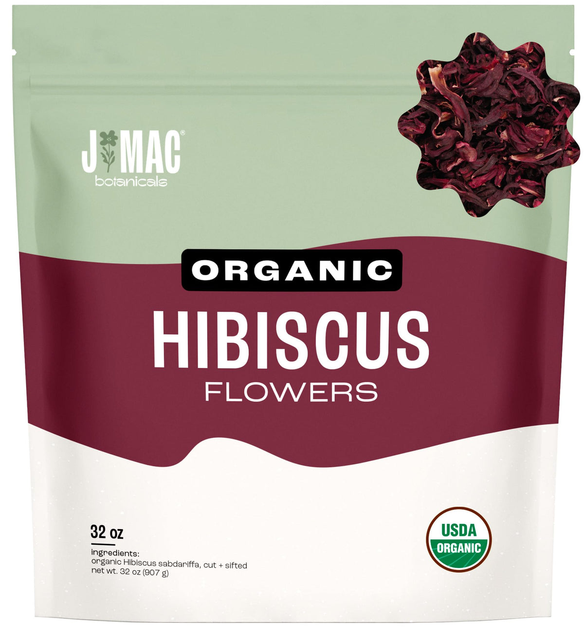 J MAC BOTANICALS front packaging showing resealable bag and product name, clear benefit: easy storage