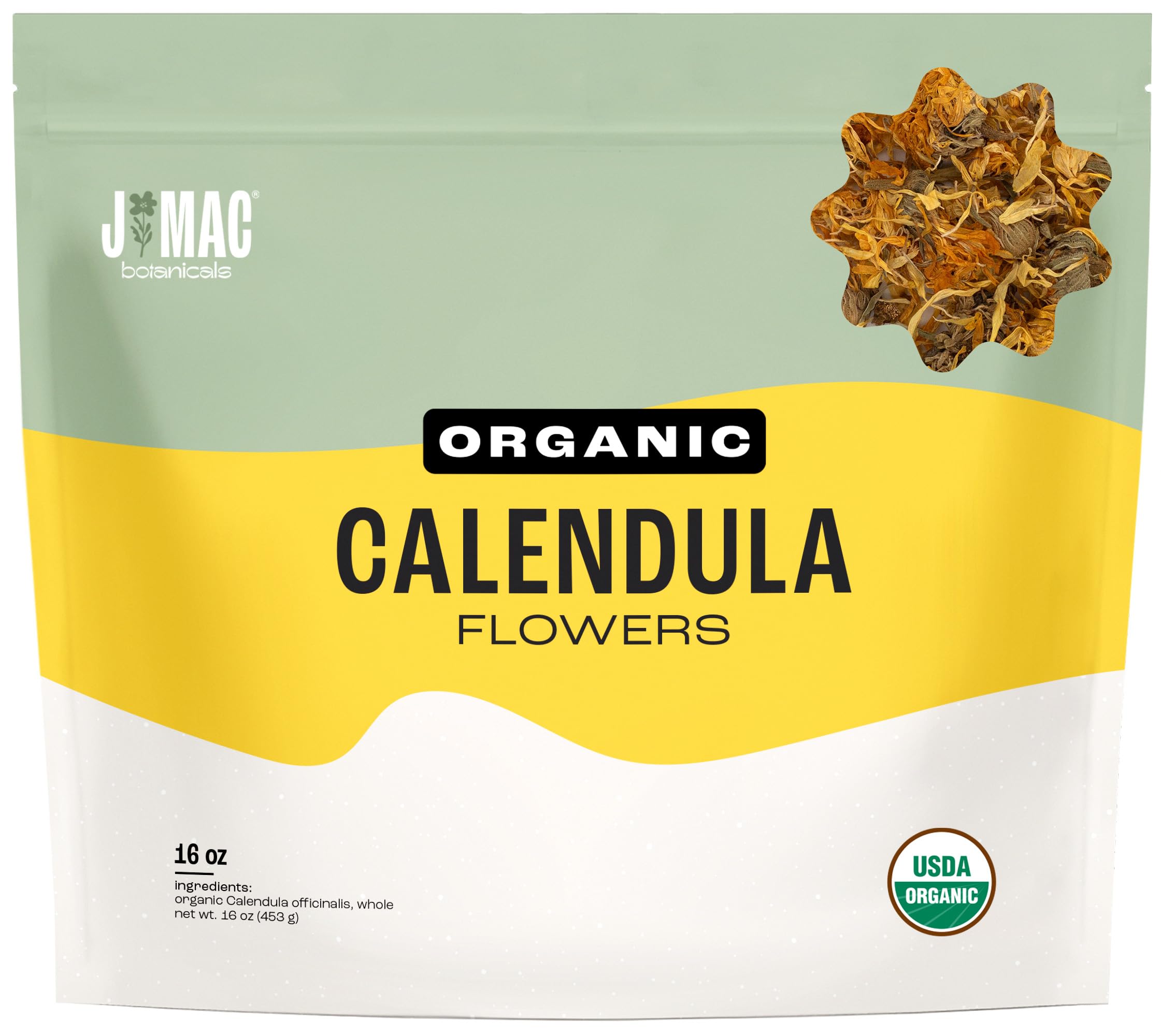 J Mac Botanicals front packaging showing resealable 16 ounce bag and organic label benefits