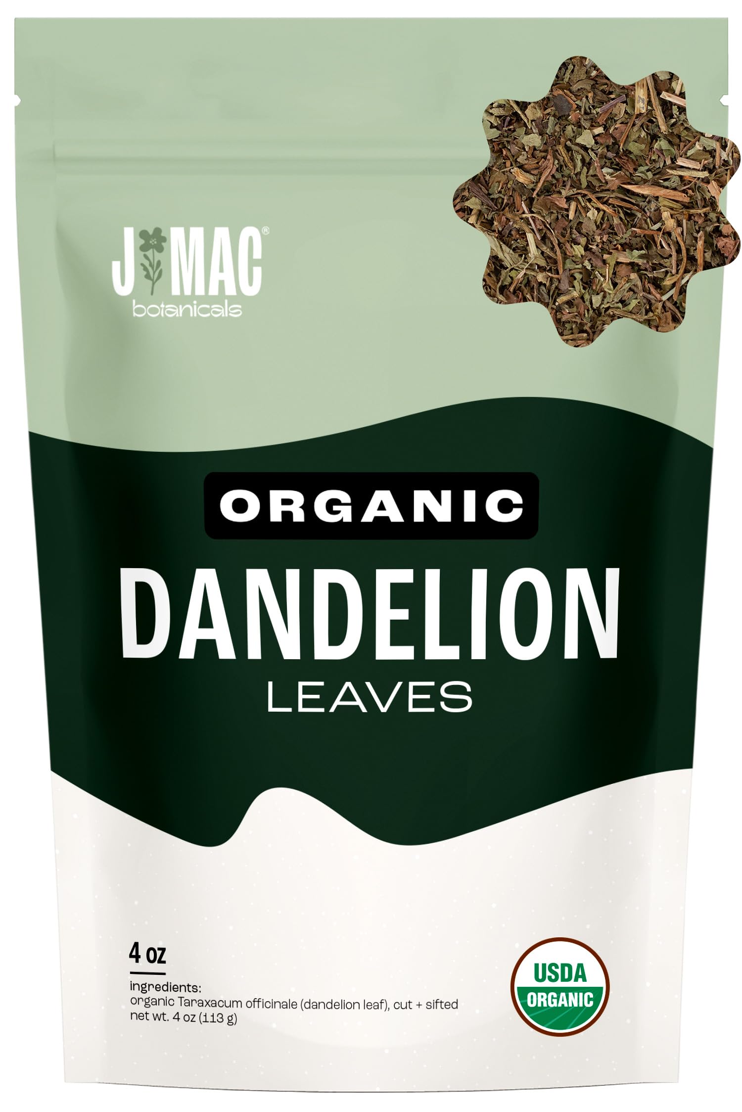 J Mac Botanicals front pouch showing organic dandelion leaves and resealable bag preserving freshness