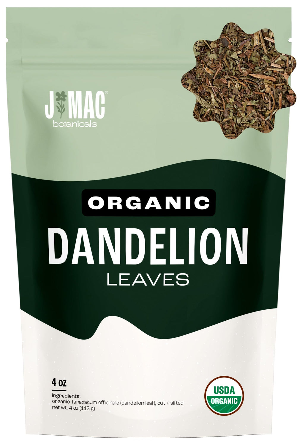 J Mac Botanicals front pouch showing organic dandelion leaves and resealable bag preserving freshness