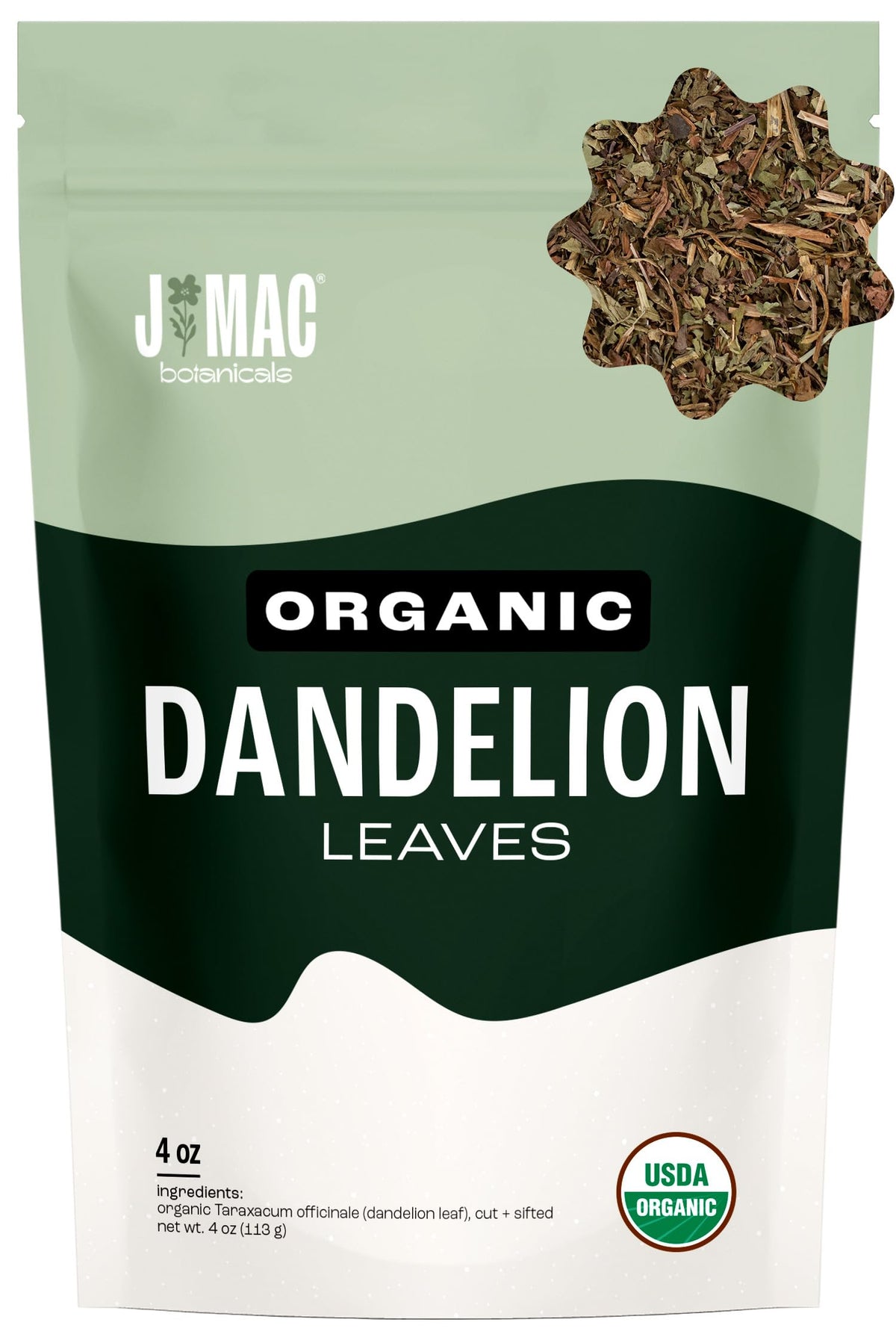 J Mac Botanicals front pouch showing organic dandelion leaves and resealable bag preserving freshness