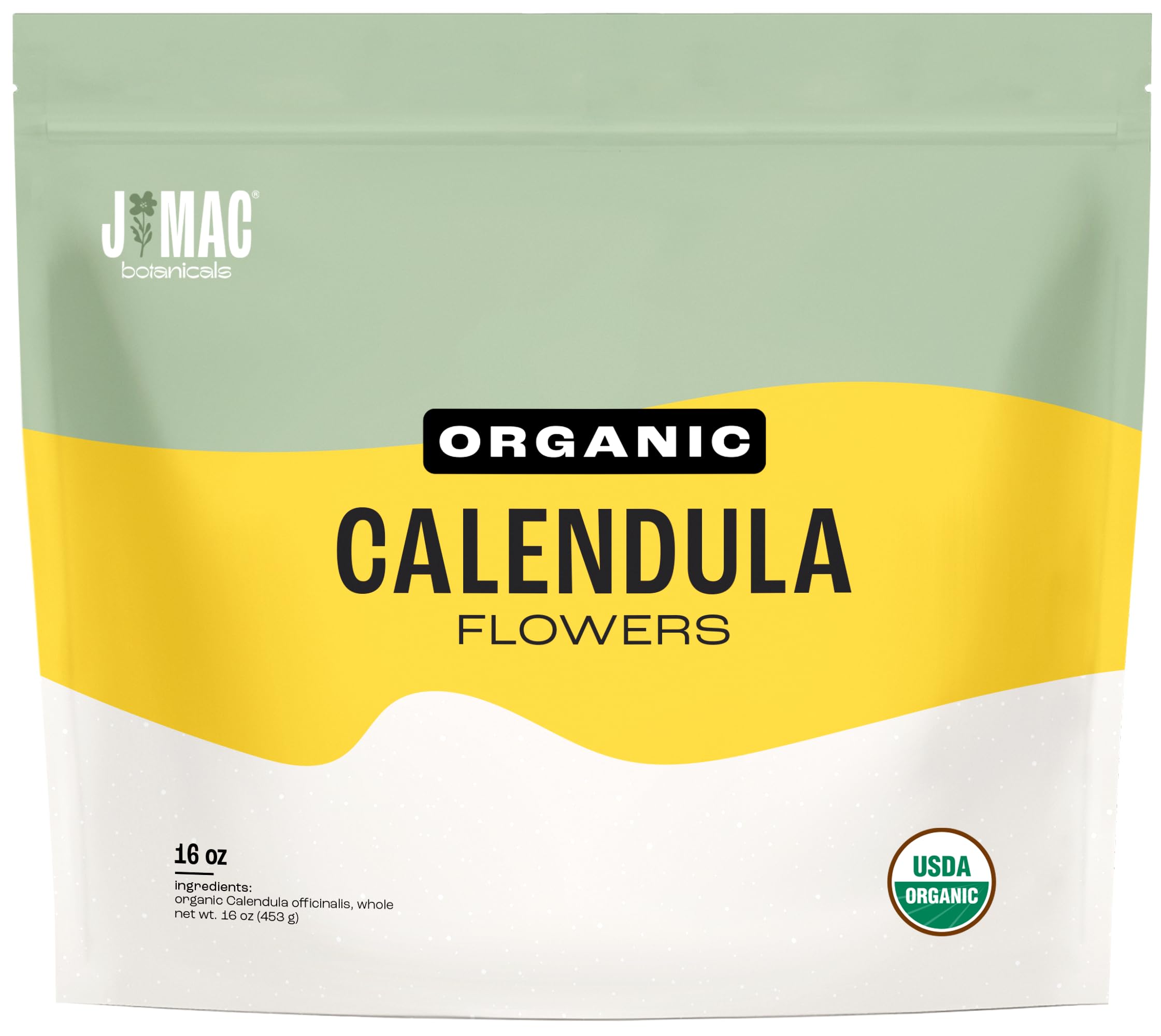 J Mac Botanicals label close-up showing USDA organic certification and traceable sourcing benefit