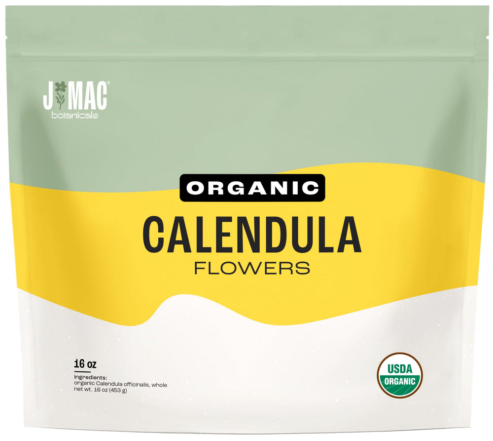 J Mac Botanicals label close-up showing USDA organic certification and traceable sourcing benefit