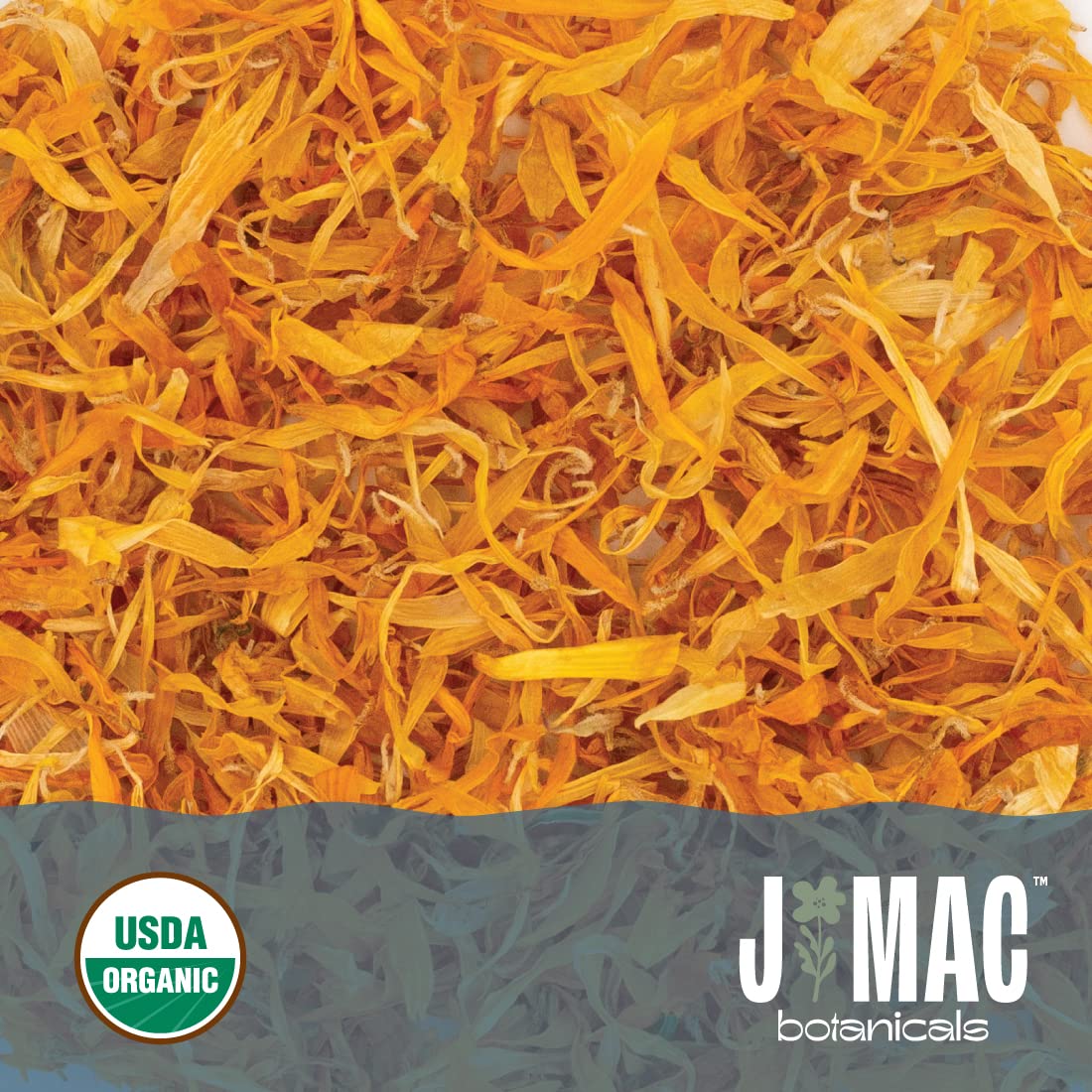 J MAC BOTANICALS package label close-up showing organic certification and packaging provenance