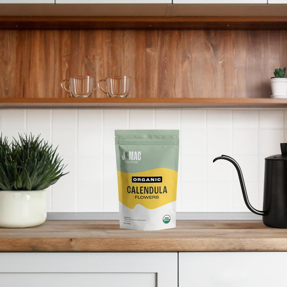J Mac Botanicals lifestyle kitchen scene with petals, filters and utensils inspiring everyday use